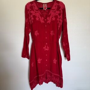 Johnny Was Frinna Embroidered Waist-Tie Dress Long Sleeve - Large
